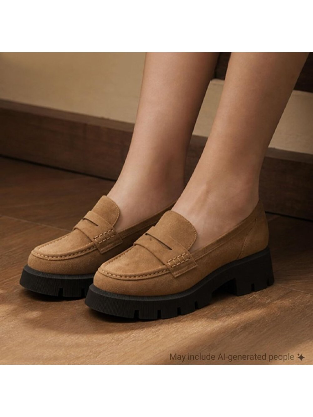 Women's Tan Fitory Suede Chunky Platform Penny Loafers Lug Sole Slip On Flat Sho - Picture 2 of 6